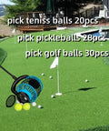 Tennis Ball Hopper And Retriever Kit For Tennis Practice Dog Play And Golf Ball Pickup With Durable Felt Exterior In Bright Yellow Ideal For Indoor Or Outdoor Use And Grab And Go Ready To Roll on grass with golf balls.