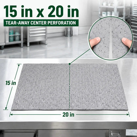 Heavy Duty Oil Absorbent Pads 15 By 20 Inches 50 Pack on stainless steel table with perforation detail.