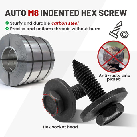 Close-up of Heavy Duty Body Bolts And U Nuts Kit M8-1.25, carbon steel, auto M8 indented hex screws with anti-rust zinc plating.