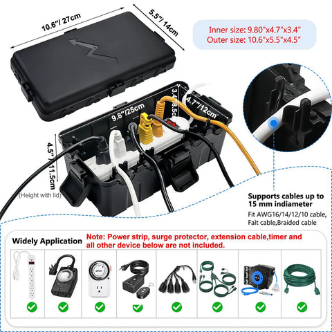 Heavy Duty Outdoor Electrical Box With Six Cable Ports And Ip54 Waterproof Cover shown with dimensions and cable connections, ideal for outdoor use.
