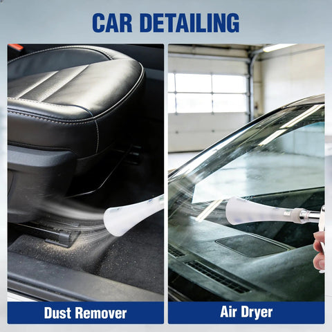 Tornado Nozzle Air Blow Gun For Car Detailing And Home Cleaning shown removing dust from car seat gap and drying windshield