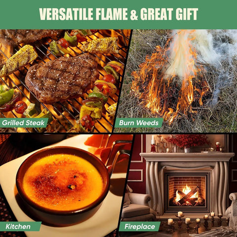 Image showing uses of Powerful Propane Torch Gun For Kitchen And BBQ With Adjustable Flame CSA Certified High Heat Up To 2462 Fahrenheit, Ideal For Searing Steaks, Caramelizing Desserts, Charcoal Grilling, Camping, And Charcoal Lighter Tank Not Included in grilling, burning weeds, caramelizing, and lighting a fireplace.