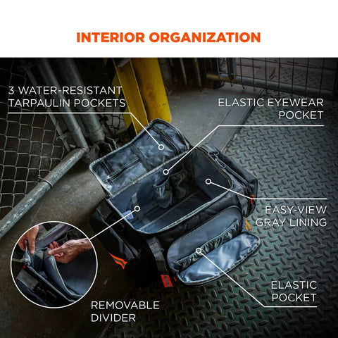 Interior view of Heavy Duty Jobsite Duffel Bag For Work Gear With Padded Shoulder Straps 34L, showing pockets and dividers.