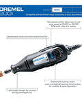 Super Handy Two Speed Mini Rotary Tool Kit With 21 Accessories featuring two speed control, labeled parts, and Dremel branding.