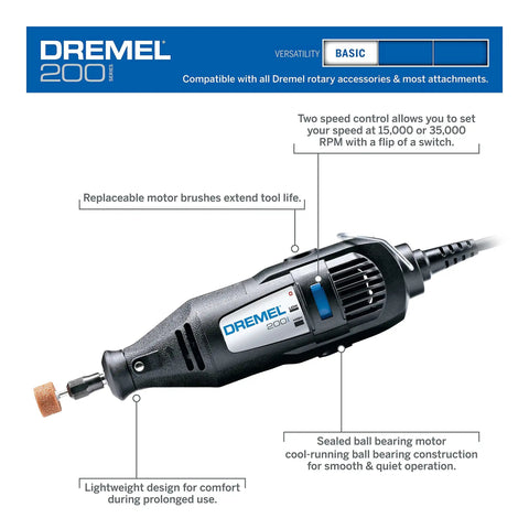 Super Handy Two Speed Mini Rotary Tool Kit With 21 Accessories featuring two speed control, labeled parts, and Dremel branding.