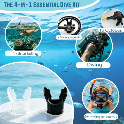 Four Pack Soft Silicone Scuba Regulator Mouthpieces With Ties Replacement Snorkel Mouthpieces For Octopus And Primary Regulators Universal Fit 2 Black 2 Clear Comfortable Dive Gear in ocean setting