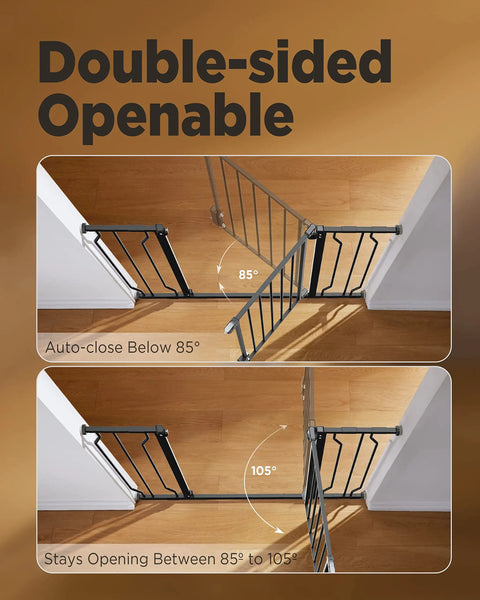 Adjustable Baby Gate double-sided opening showing auto-close at 85° and stays open at 105°, metal safety gate for stairs.