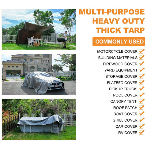 6X8 Heavy Duty Poly Tarp 16 Mil Thick Waterproof Tarpaulin With Reinforced Edges shown as canopy, truck cover, and pool cover
