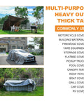 Three images showing uses for 16 Ft By 20 Ft Heavy Duty Poly Tarp, 16 Mil Thick, Waterproof Tarpaulin With UV Protection on various outdoor items.
