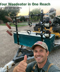 Man with thumbs up next to a three place weed eater rack for trailer with three locks open trimmer rack holder for landscape truck.
