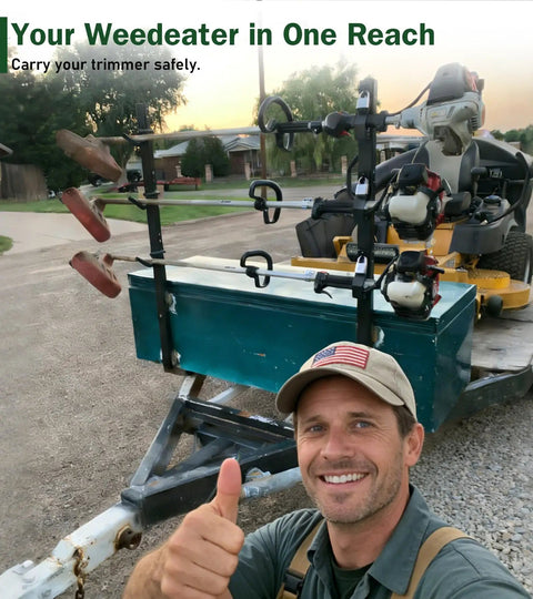 Man with thumbs up next to a three place weed eater rack for trailer with three locks open trimmer rack holder for landscape truck.