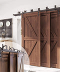 Black Rustic Triple Track Bypass Sliding Barn Door Hardware Kit For Doors 1.375 To 1.75 Inches Thick Three 6.6ft Flat Tracks Full Bypass System For Interior Doors Installed View
