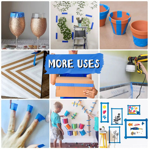 Various uses of Blue Painters Tape 1 Inch By 180 Feet Per Roll, Three Rolls, Multi Surface Masking Tape For Walls, Painting, Craft Projects.