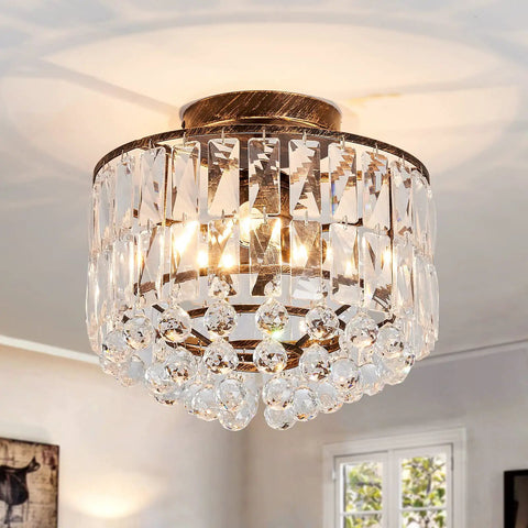 Lit Semi Flush Mount Bronze Crystal Ceiling Light With Crystal Tube Matte Antique Finish Modern Chandelier Fixture