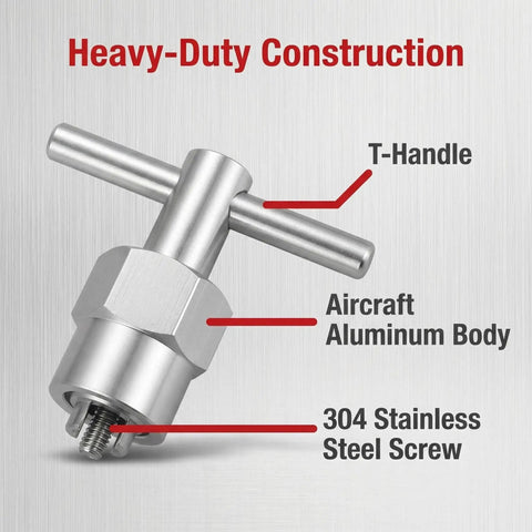 Moen Cartridge Puller Removal Tool Kit Heavy Duty Aluminum Extractor With 304 Stainless Steel Drive Screw shown with T-handle