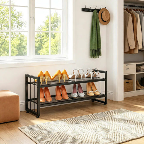 Expandable 2 Tier Metal Shoe Rack Stackable Closet Organizer Adjustable Entryway Storage Space Saver for Home Dorm Small Rooms displaying various shoes.