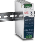 Rock Solid 5 Port Industrial Fast Ethernet Switch Packing 4 PoE Plus Ports And One Uplink Channel With 90 Watt Budget DIN Rail Bracket And 120 Watt Power Brick For Easy Setup And Serious Hustle Workloads, DIN rail power supply mounted.