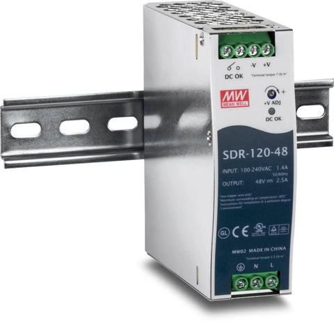 Rock Solid 5 Port Industrial Fast Ethernet Switch Packing 4 PoE Plus Ports And One Uplink Channel With 90 Watt Budget DIN Rail Bracket And 120 Watt Power Brick For Easy Setup And Serious Hustle Workloads, DIN rail power supply mounted.