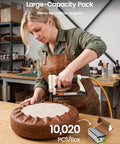 Woman using MT7105 stapler on leather cushion with Workhorse 22 Gauge Galvanized Upholstery Staples With 3/8 Inch Crown And 3/16 Inch Leg Bulk Box Of 10020 Count.