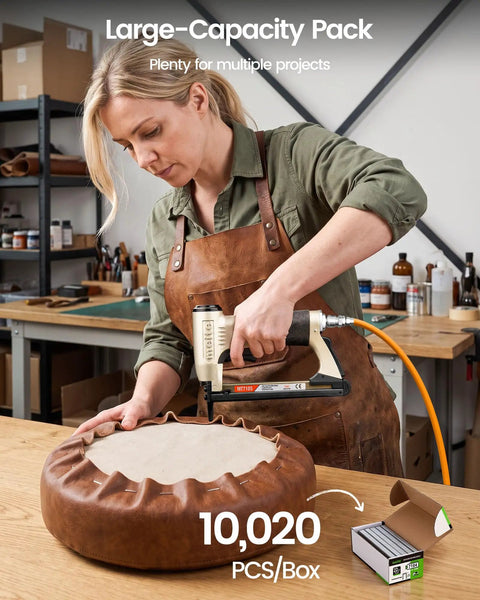 Woman using MT7105 stapler on leather cushion with Workhorse 22 Gauge Galvanized Upholstery Staples With 3/8 Inch Crown And 3/16 Inch Leg Bulk Box Of 10020 Count.