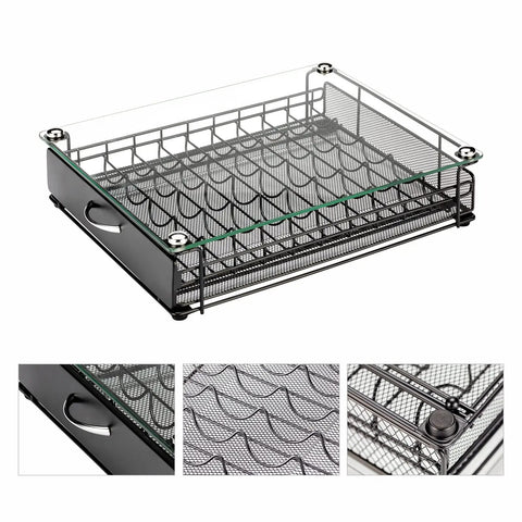 VertuoLine Capsule Drawer Organizer with Glass Front holds 50 pods in five rows, black metal frame with handle, secure and durable.