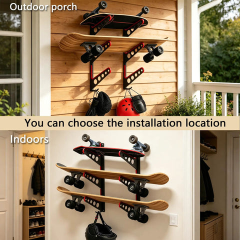 Heavy Duty Steel Skateboard Rack Wall Mount With Grippy Bottom Hook Slots For Triple Deck Longboard Snowboard And Ski Display in indoor and outdoor settings.