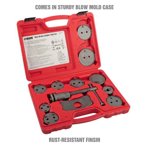 Pro Grade Front And Rear Disc Brake Caliper Tool Set With 11 Adapters For Most Cars in red storage case