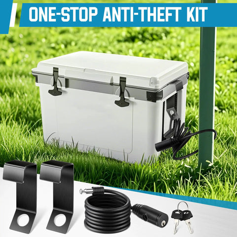 Heavy Duty Cooler Lock Bracket With Security Cable Lock And Tie Down Kit for securing mid to large ice chest on grass.