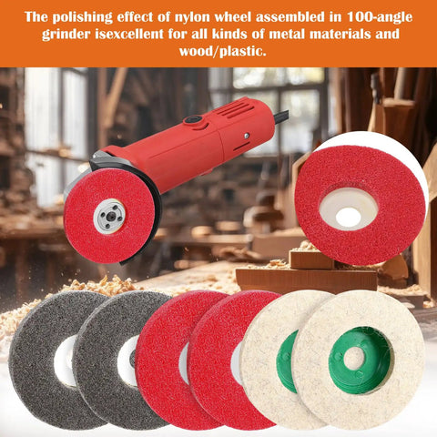 18 Piece 4 Inch Buffering Wheels Polishing Kit For Angle Grinder With Sanding Discs and Wool Felt in a workshop setting