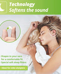 Woman sleeping with Ultra Soft Earplugs For Side Sleepers With Custom Molding Filters That Dampen Snoring And Noise So You Sleep Easy For Better Sleep.