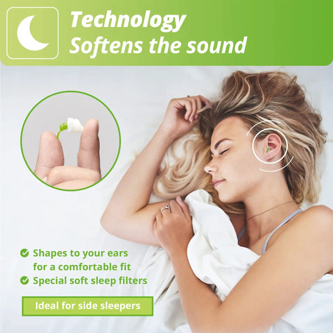 Woman sleeping with Ultra Soft Earplugs For Side Sleepers With Custom Molding Filters That Dampen Snoring And Noise So You Sleep Easy For Better Sleep.