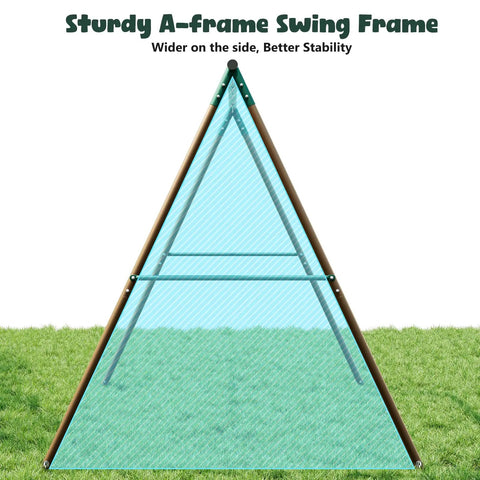 A-frame structure of backyard swing set with 45 inch platform saucer swing and belt swing for kids ages 3 to 8, on grass