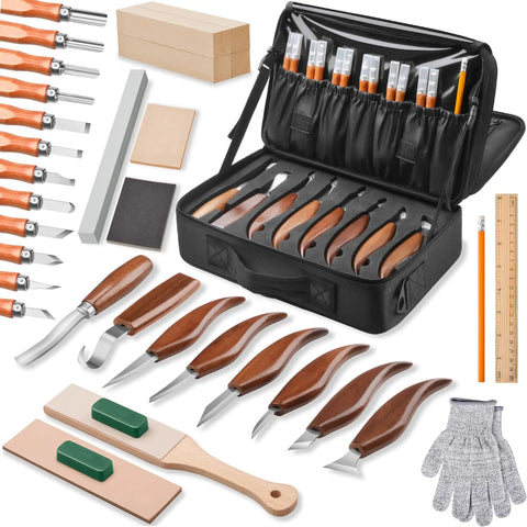 All In One Wood Carving Kit For Beginners 35 Piece Set With Whittling Knives Carving Chisels Basswood Blocks