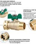Diagram of Heavy Duty Brass Garden Hose Shut Off Valve With Full Flow Bore, showing features like large handles and hexagonal connection