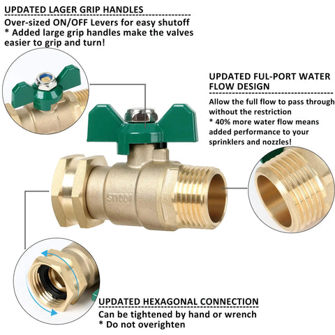 Diagram of Heavy Duty Brass Garden Hose Shut Off Valve With Full Flow Bore, showing features like large handles and hexagonal connection