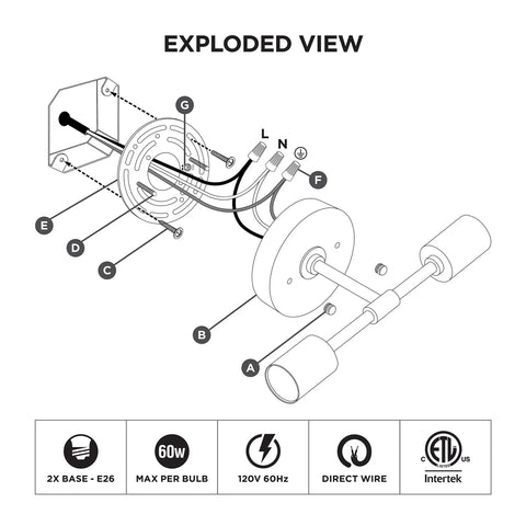 Exploded view diagram of Two Light Wall Sconce For Bathroom And Hallway Sleek Modern Minimalist Vanity Lighting With Exposed Bulbs