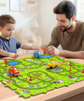 Father and son playing with 64 Piece Puzzle Race Track Car Set for Toddlers and Kids Ages 3 to 6 with 3 Sliding Cars City Themed