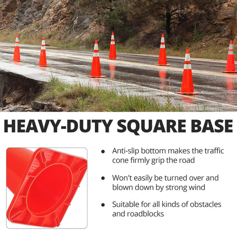 Multiple Ten Pack 28 Inch PVC Traffic Cones With Reflective Collars on wet road, showing heavy-duty square base and stability features.