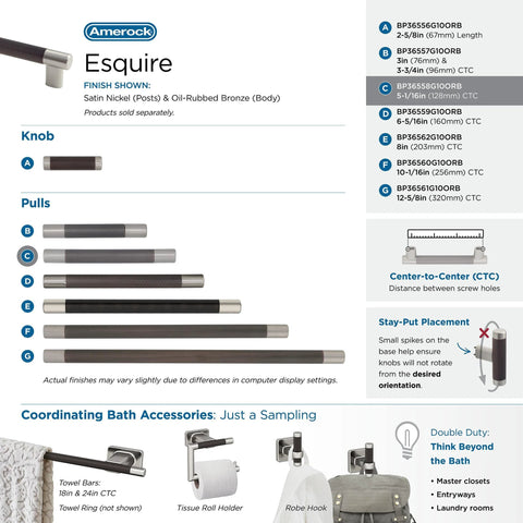 Esquire Satin Nickel And Oil Rubbed Bronze Cabinet Pull 128 mm Center To Center Drawer Handle, detailed product specifications and accessories.