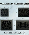 Ornate Victorian Floor Register 10 By 12 Opening Heavy Duty Cast Aluminum Walkable Vent With Adjustable Louver Damper For Airflow Control Black Finish shown in multiple sizes