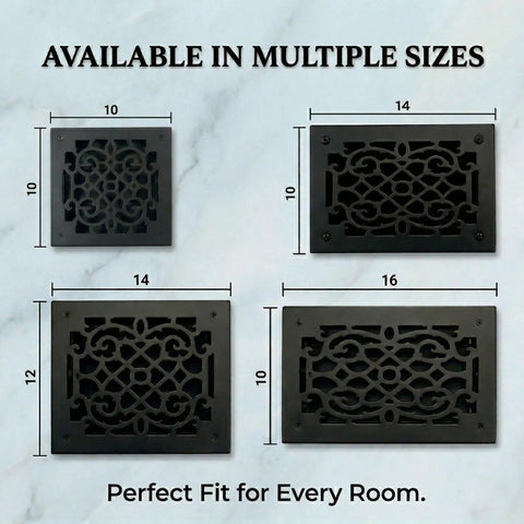 Ornate Victorian Floor Register 10 By 12 Opening Heavy Duty Cast Aluminum Walkable Vent With Adjustable Louver Damper For Airflow Control Black Finish shown in multiple sizes