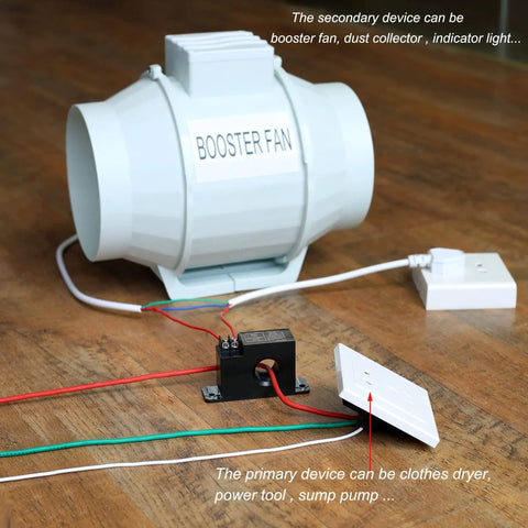 Miniature Current Switch No External Power Needed Self Powered Normally Open Amp Sensor Relay For AC 1 to 50A Detectable shown connected to booster fan on wooden surface.