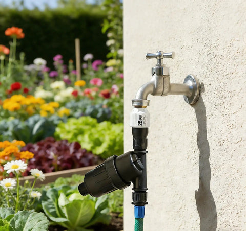 Heavy Duty Three Quarter Inch Inline Hose Filter For Drip Irrigation With 120 Mesh Screen attached to a spigot in a garden setting.