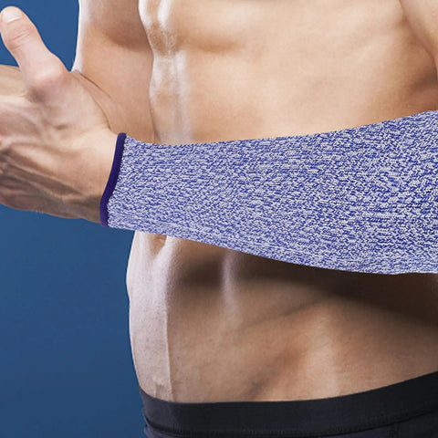 Premium Cut Resistant Arm Sleeves 2 Pack Blue Anti Cut Forearm Guards For Industrial Work Heavy Duty Job Site Hustle Legit Workshop Protection worn on arm