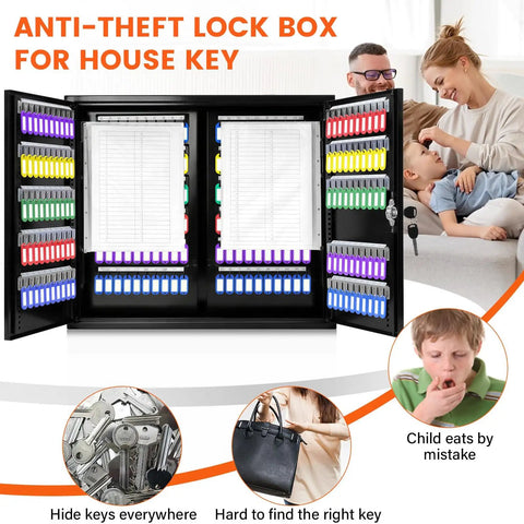 440 Key Lock Box With Wall Mount And Dual Doors Beefy Heavy Duty Steel Key Cabinet 20 Adjustable Hook Plates Index Log And Tags 440 Key Storage For Garage And Home Office Security Black with open doors showing organized key tags