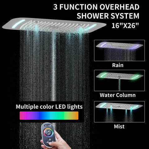 WHSHOWER Brushed Nickel Dual Rain Shower System Bathroom Shower Faucet Set 16x26 inch overhead shower with LED lights.