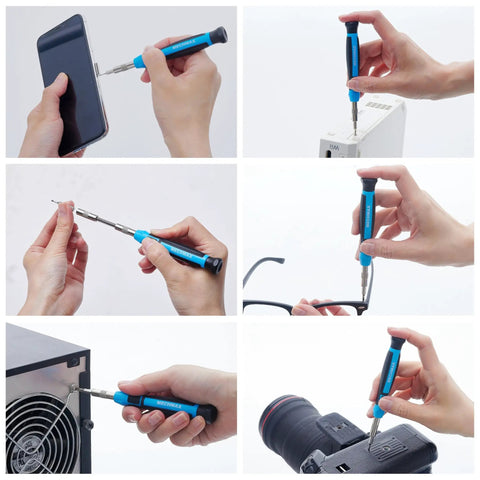 Pro Grade All In One Magnetic Precision Screwdriver Set With 51 Pieces in use with phone, console, glasses, and camera repairs.