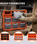 Modular Garage Storage Tower With 9 Removable Bins, Wall Mount Organizer, Black And Orange Polypropylene Cabinet in use on workbench