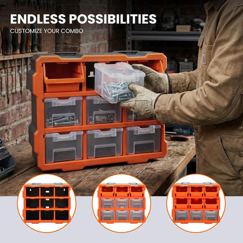Modular Garage Storage Tower With 9 Removable Bins, Wall Mount Organizer, Black And Orange Polypropylene Cabinet in use on workbench