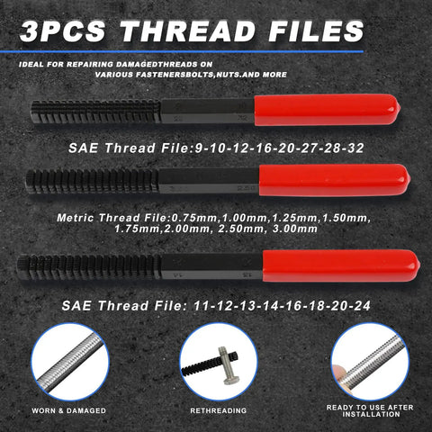 3-Piece thread files for repairing damaged threads, shown in SAE and metric sizes with red handles.